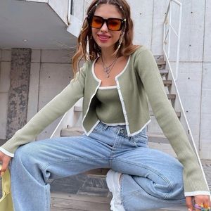 Mint green rib knit top & cardigan set